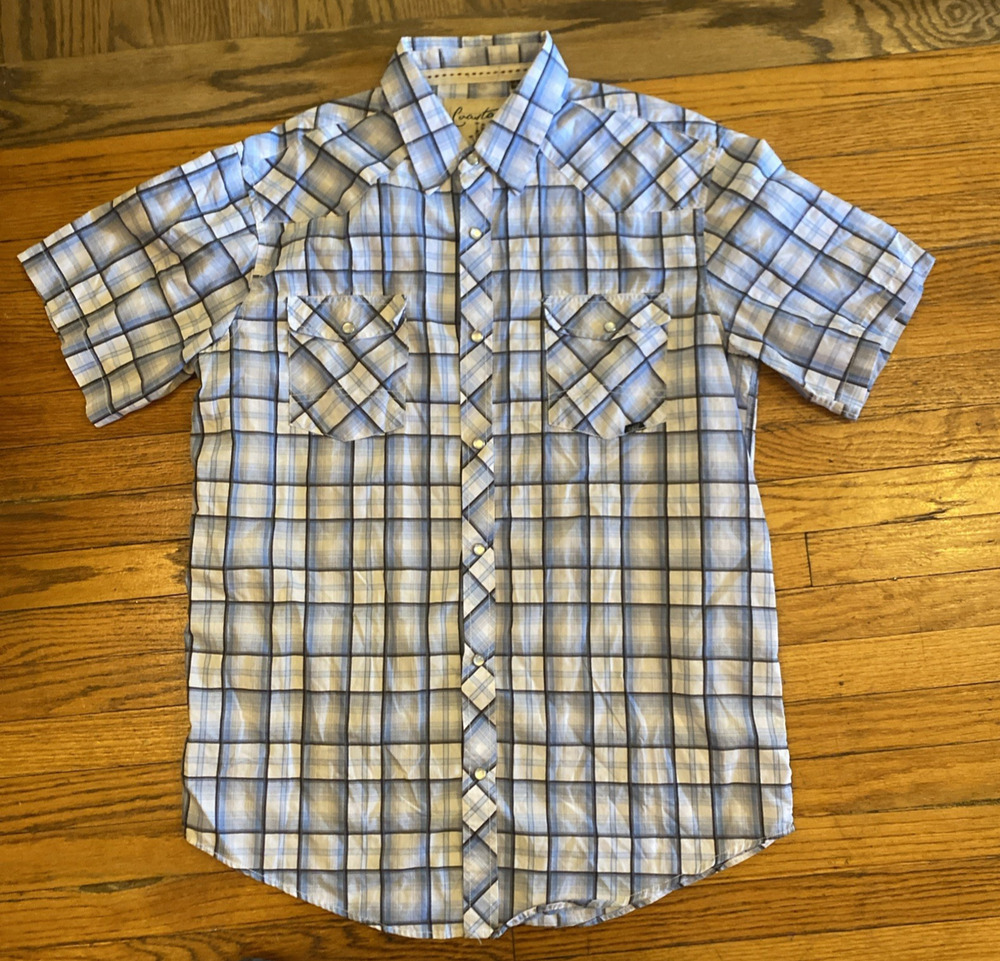 Coastal Western Shirt Mens L Blue Plaid Pearl Snap Cowboy Rodeo Riding Rancher